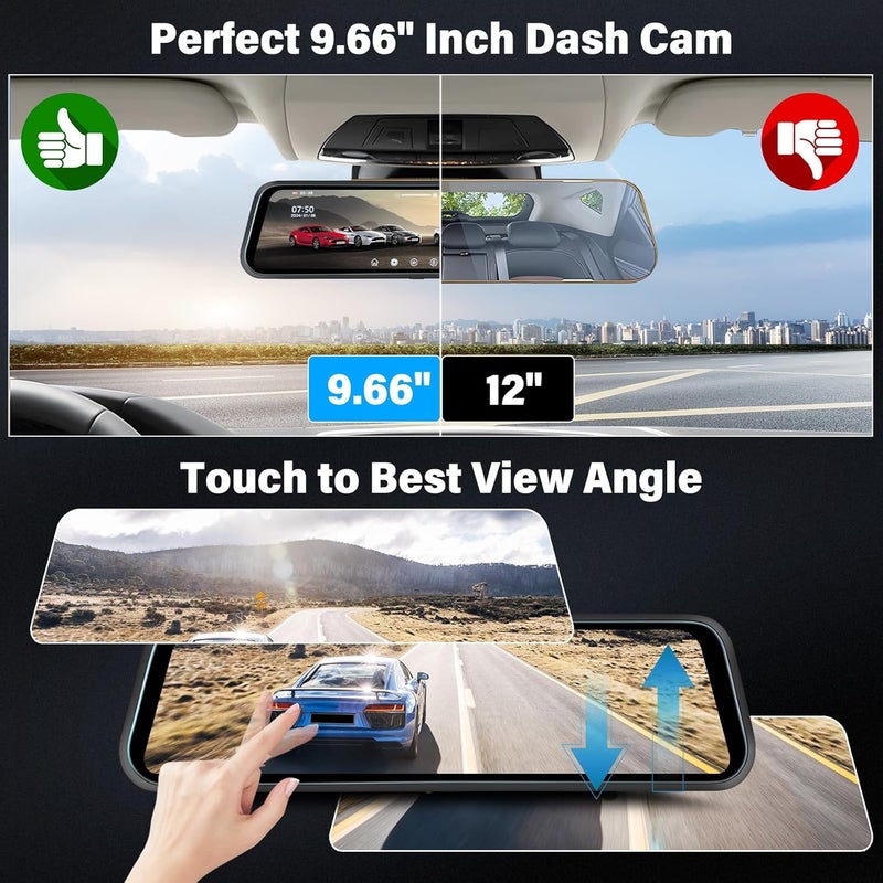 UNITOPSCI Rear View Mirror Camera, Mirror Dash Cam for Car 1080P Front & Rear Mirror Cameras 9.66 Inch HD IPS Full Touch Screen 64G Card Night Vision Motion Detection Loop Recording 24H Parking Monitor G-Sensor - Image 2